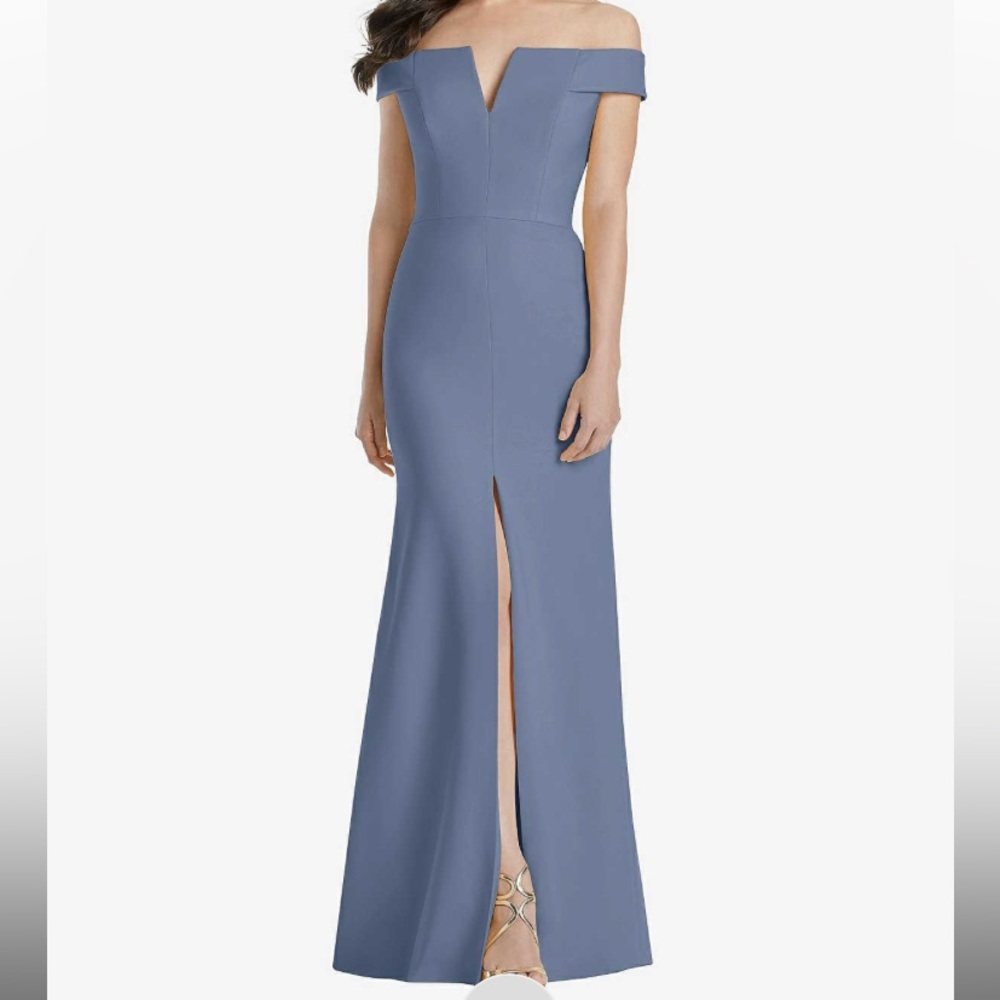 Dessy Collection NWT Off Shoulder Trumpet Gown Front Slit Larkspur Blue Size 4